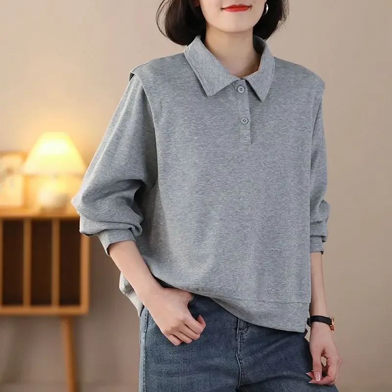 Flip Collar Long Sleeved T-shirt for Women's Spring New Korean Version Casual Versatile Loose Slimming Pullover Top Z743