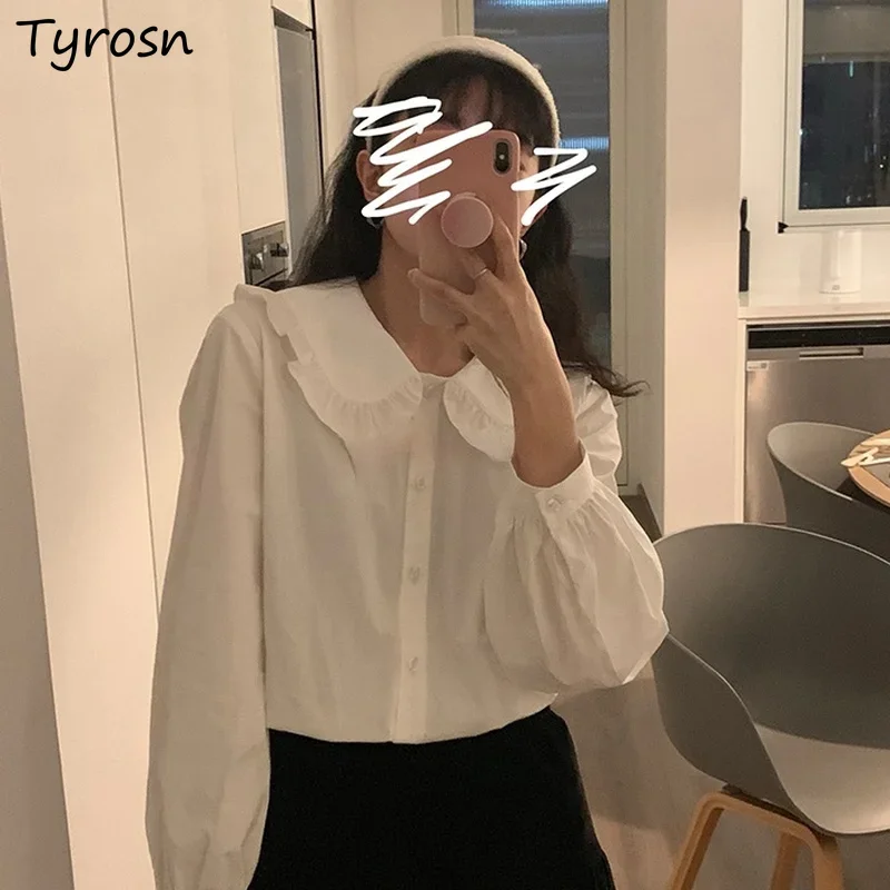 

Рубашки с длинным рукавом, женские рубашки с воротником Питера Пэна, шикарные, в корейском стиле, однотонные, белые, Blusas, универсальные, весенние, простые, модные, милые