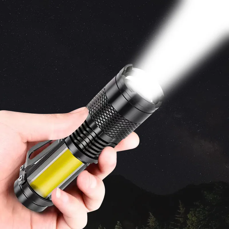 Mini Rechargeable LED Flashlight with Side Light, Using XPE + COB Beads, Support Telescopic Zoom, With Pen Clip, for Adventure