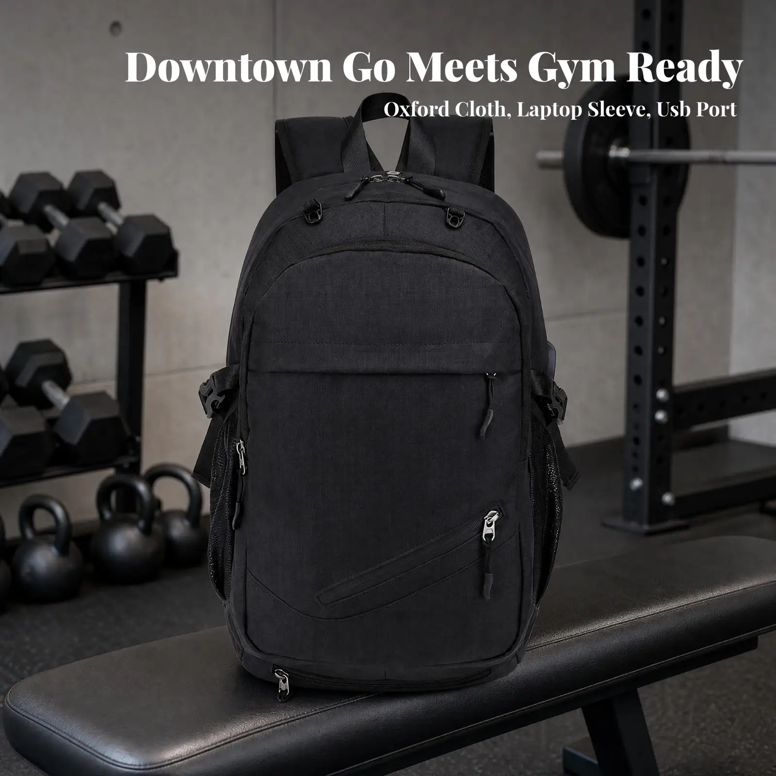 USB Port Daypack for Men Lightweight Polyester Laptop Bag with Side Mesh Pockets for Commuting