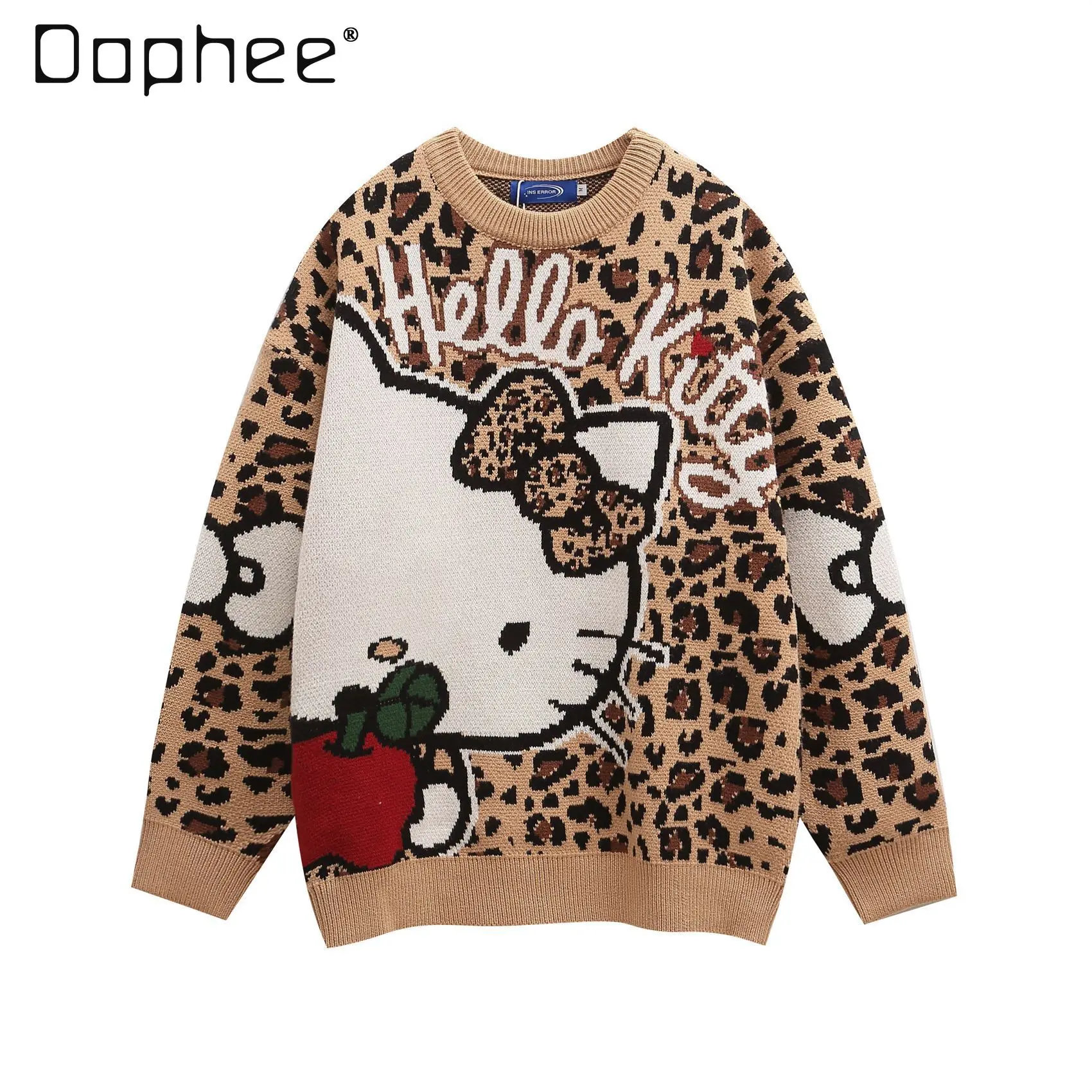 

American Retro Fun Cartoon Cat Leopard Print Pullover Long Sleeve Letter Jacquard Loose Sweater Men and Women Autumn Winter