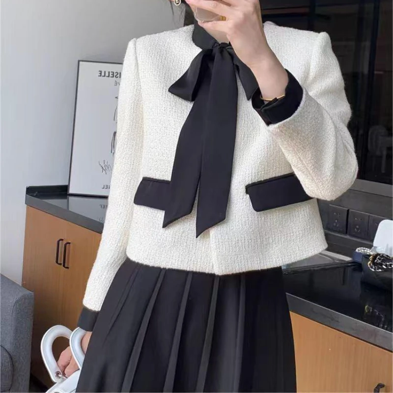 

Women's Small Fragrant Breeze Bow Coarse Tweed Suit Skirt Set Retro Contrasting Lace Up Wool Jacket Pleated Skirt Two-piece Set