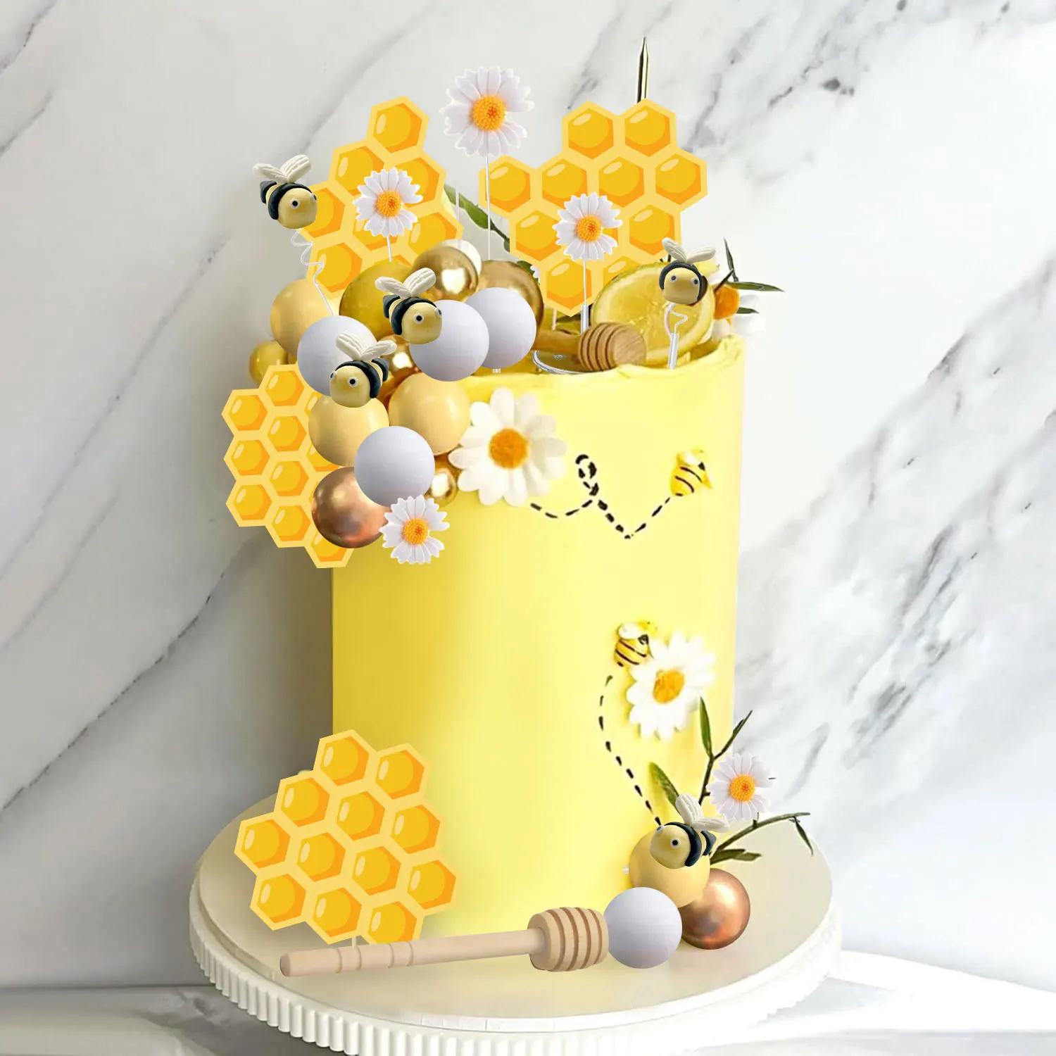 Bienen-Kuchendekorationen, Honig-Dekorationen, Bienen-Cupcake-Topper, Gänseblümchen-Blumen-Kuchenaufsatz für Babyparty, Geburtstag, Brautparty