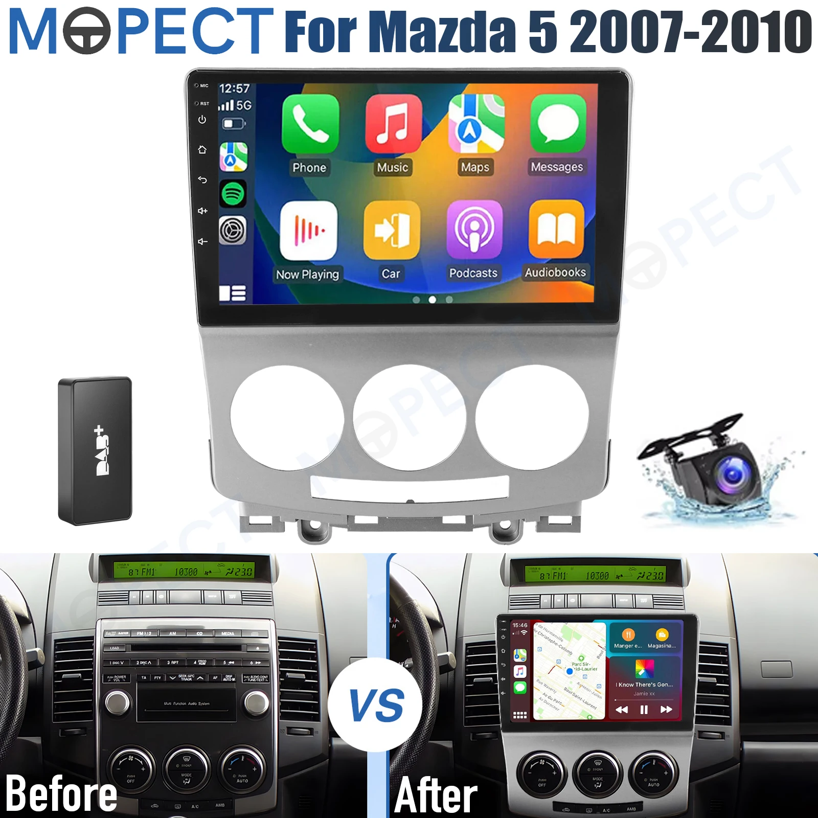 MOPECT 9" Android 15 CarPlay autoradio voor Mazda 5 2007-2010, 4+64GB AM/FM GPS navigatie, SWC, Bluetooth+DAB+DVR&Camera