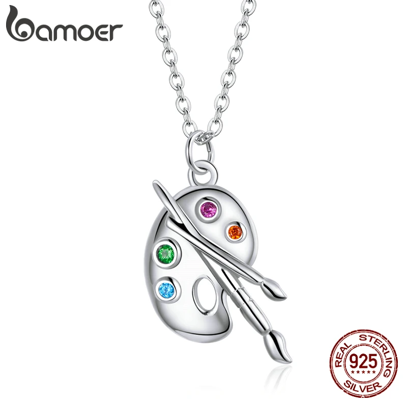 bamoer 925 Sterling Silver Color Palette Necklace Chain Zircon Crystal Art Brush for Women Fine Statement Jewelry SCN457