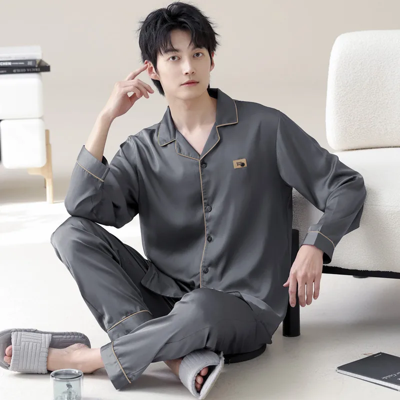 

Весенние топы для сна с длинными рукавами, брюки, кардиган, ночное белье для мужчин, пижамный костюм из ледяного шелка, мужская роскошная домашняя одежда, Pjs Homme