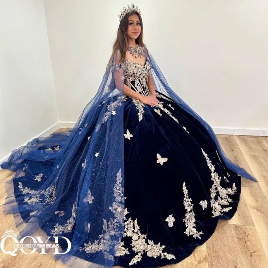 Navy Blue Velvet Princess Quinceanera Dresses with Cape Wrap Luxury Applique Butterfly Boning vestido de quince azul sweet 15