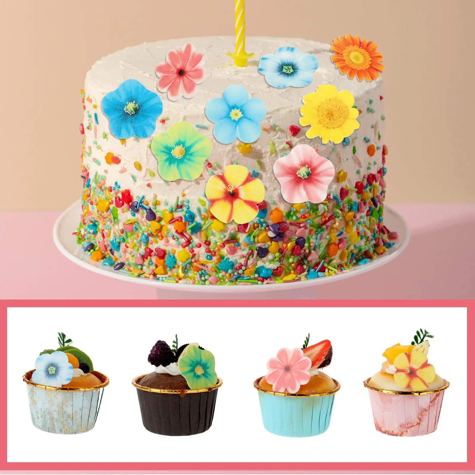 48/50/72pcs Butterfly Flowers Cupcake Toppers Decorating Wafer Paper Flower Cake Topper for Wedding Cake Birthday Anniversary