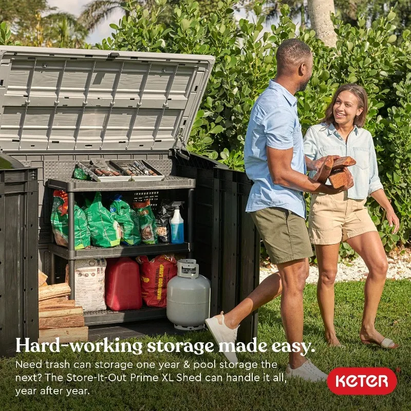 

The outdoor storage shed features double doors and easy lift hinges, perfect for storing trash cans, garden and yard tools