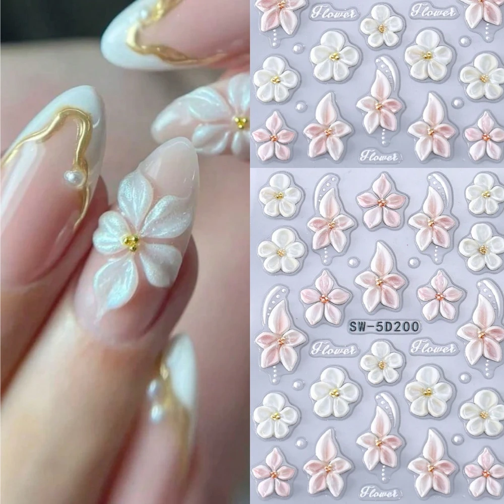 1pc 5D Embossed Floral Nail Art Stickers, White & Pink Hibiscus Pattern, Self-Adhesive Nail Decals Suitable