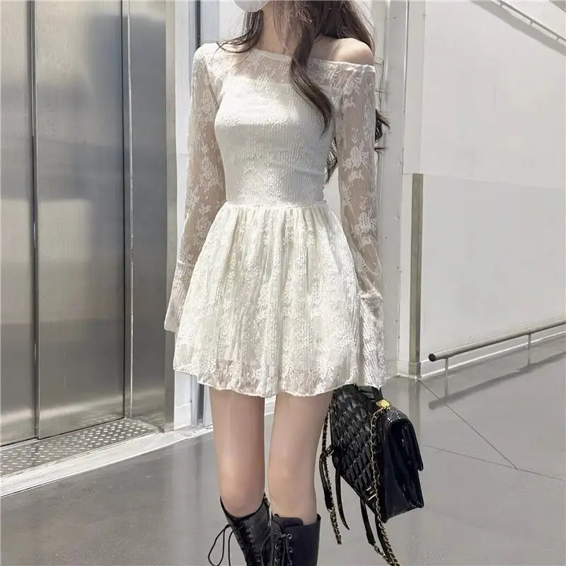 Sweet Mini Dress Women Fall Fashion Long Sleeve Lace Dress Apricot One Shoulder Sheer Party Dress for Small Girl
