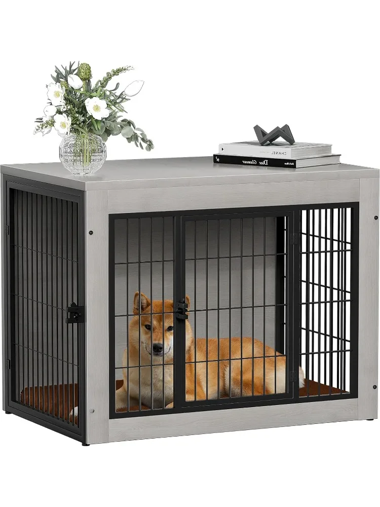 

Dog Crate Furinture with Thick Cushion, Side End Table Wooden Dog Cage with Double Doors, Chew-Resistant Dogs Kennel Dogs House