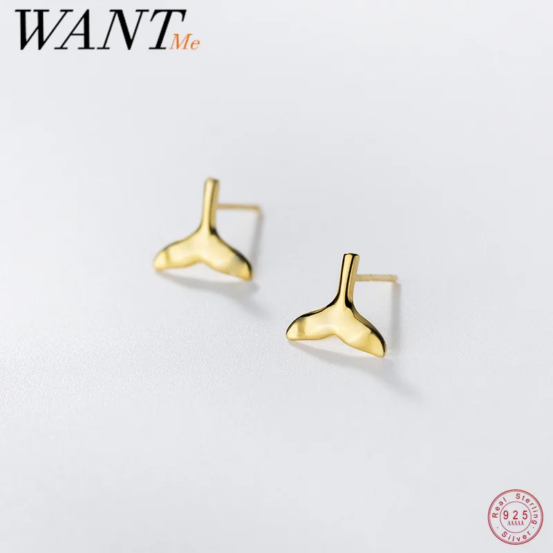 WANTME 925 Sterling Silver Cute Fishtail Fashion Gold Girl Stud Earring for Women Sweet Chic Piercing Birthday Jewelry Gift