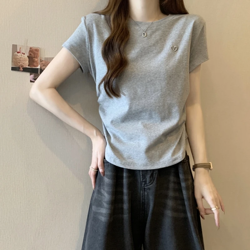 Women's T-shirt O-neck Short Sleeve Solid Color Casual Fashion Tees Woman Summer Clothes Women  Korean Popular Clothing Top Love image 3