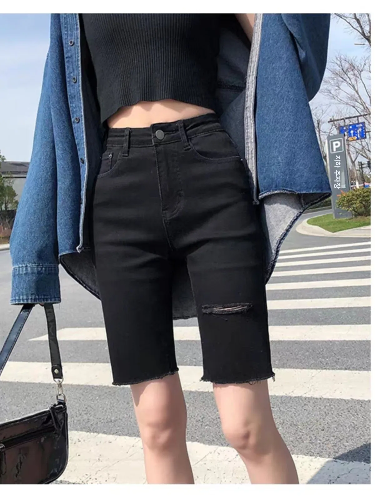 

Узкие джинсовые лыжи с высокой талией, женские летние брюки 2024, новые эластичные брюки с пятью точками для верховой езды, облегающие рта