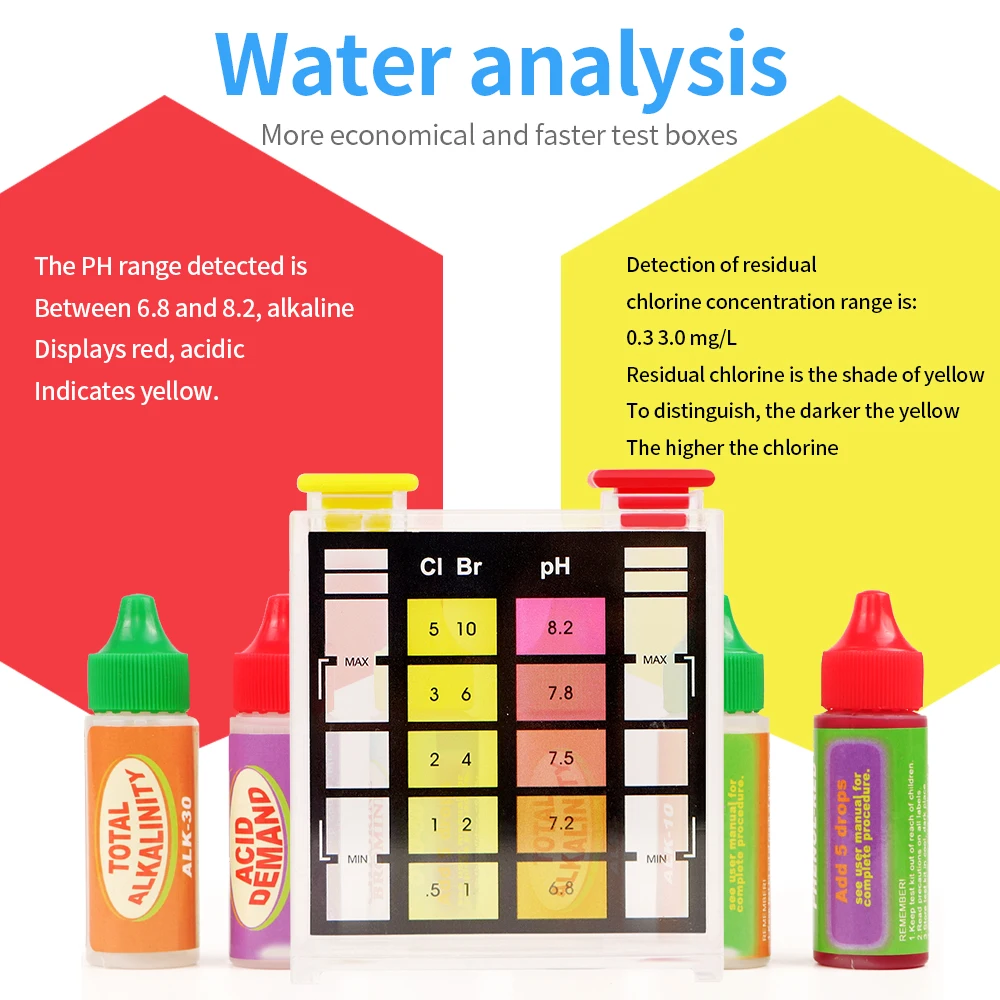 Pool Water Test Kit Chlorine Ph Bromine Alkalinit Acid Demand 5-Way Test Kit Inspection Liquid Water Quality Component Test Box