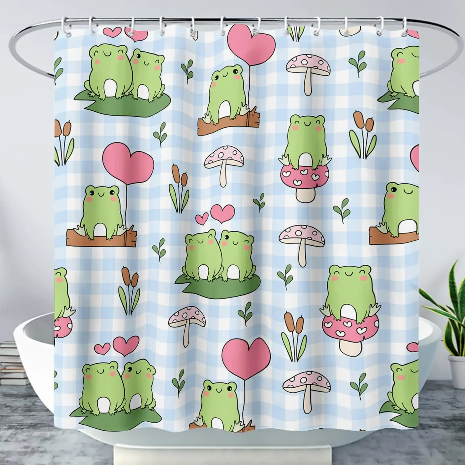 

Kawaii Frog Shower Curtain,Cute Cartoon Mushroom Frog Bath Curtain,Romantic Frog Couple Hearts Printed Waterproof Blue Stripe