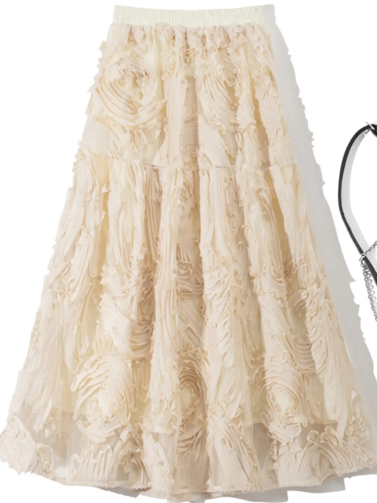 

Ele High Waist A-Line Midi Skirt with 3D Flower Design Polyester Me Fabric Sweet Sle Women's Skirt for Autumn Winter