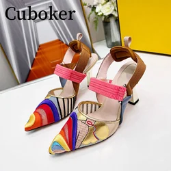 2023 Fashion Designer Embroider High Heels Sandals Pointy Toe Pumps Multicolor Net Ladies Slides High Heel Sandals Summer Mules