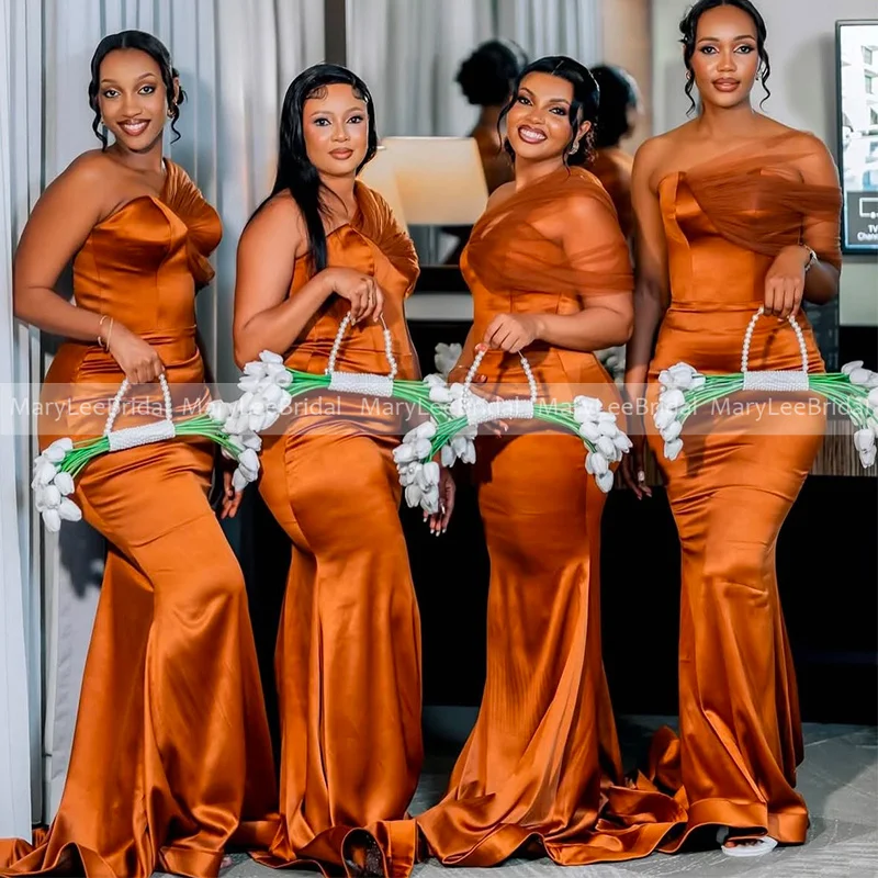 Brown Mermaid Bridesmaid Dresses with One Shoulder Tulle Straps Plus Size Long Wedding Guest Dress Ladies Party Gowns Customized