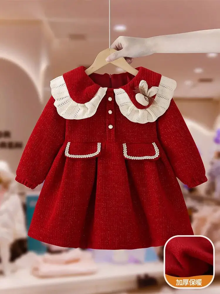 Autumn and winter baby girl\'s velvet princess dress 2025 new children\'s New Year\'s dress long sleeved dress