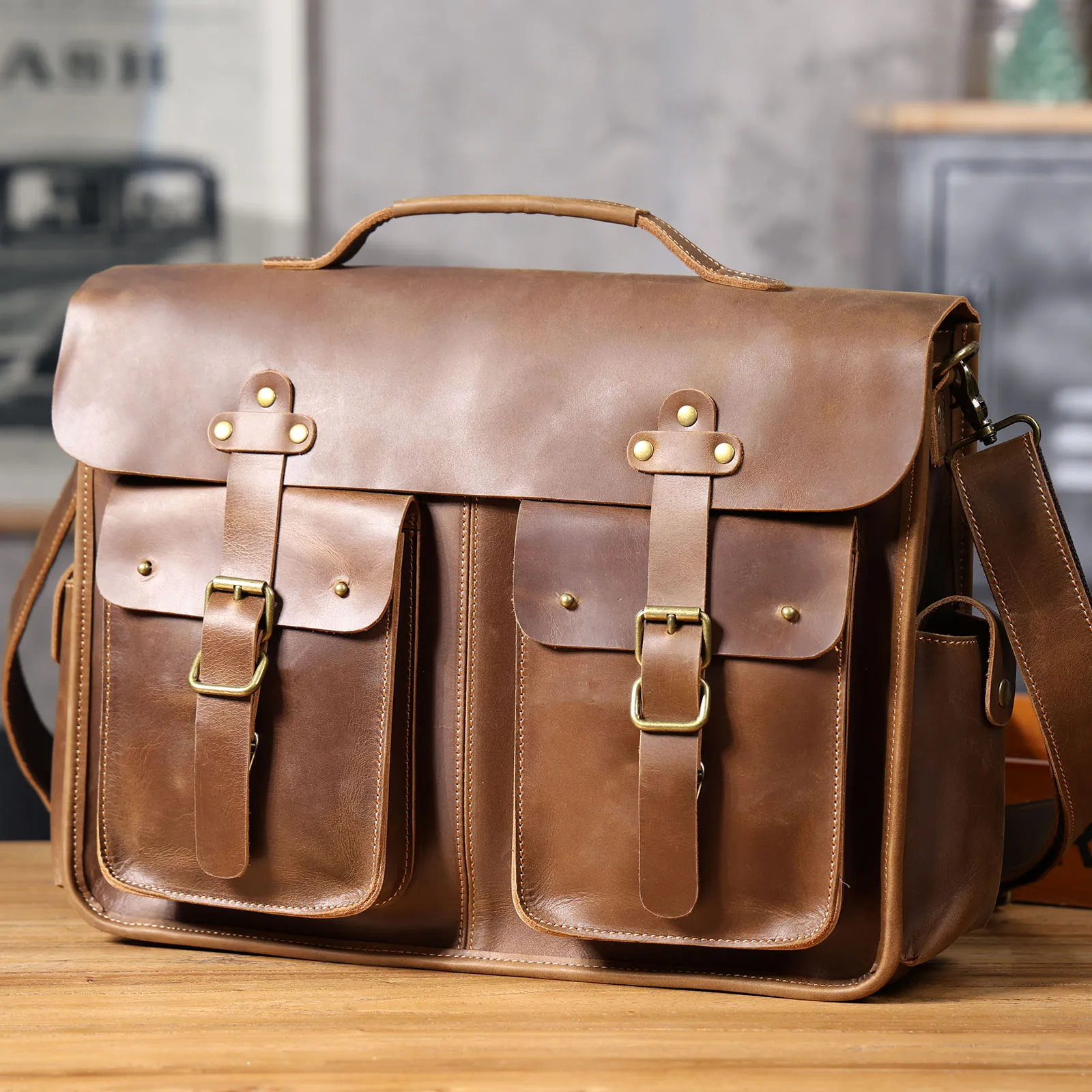 S.WORKER Vintage Echtleder Herren-Aktentasche 16" Laptop-Tasche Crazy Horse Leder Messenger-Handtasche Rindsleder Geschenkidee für Männer – Detail 26