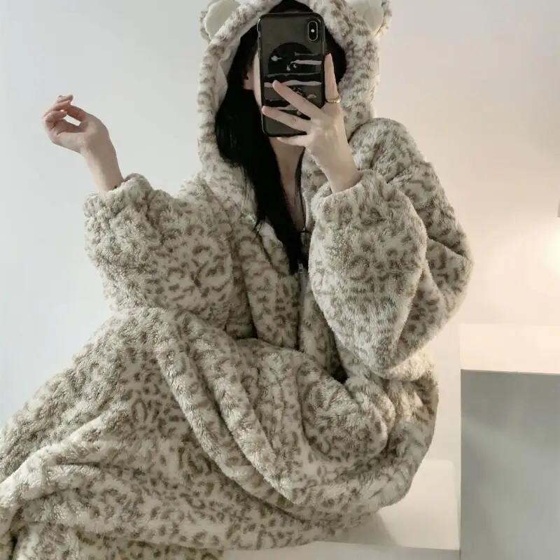 

Женская одежда, зимние пижамы с капюшоном на флисовой подкладке, утепленные Ins, коралловый флис, домашняя одежда больших размеров, сохраняет тепло, удобство