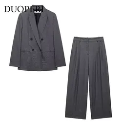 DUOPERI Women 2 Piece Set Grey Blazer Notched Neck Long Sleeves  & Full Length Trousers Feamle Pants Sets