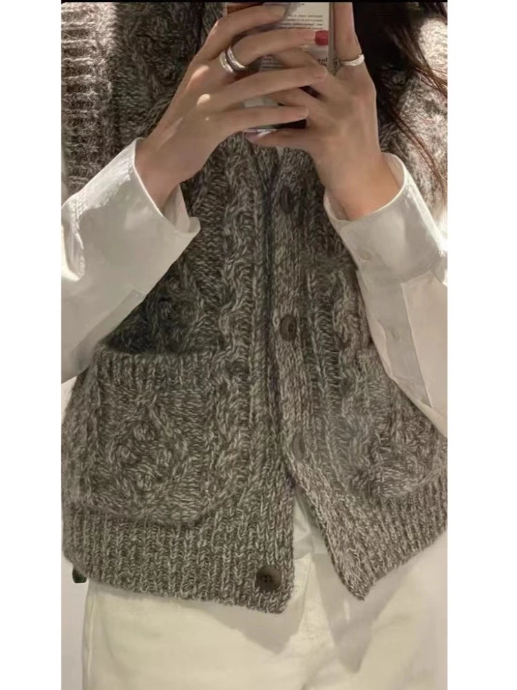 

Brown Wool Knitted Vest Vintage V-ne Single Button Twist Nw Noth**g Written Retro Sle Women's Cardigan Sweater Autumn Winter