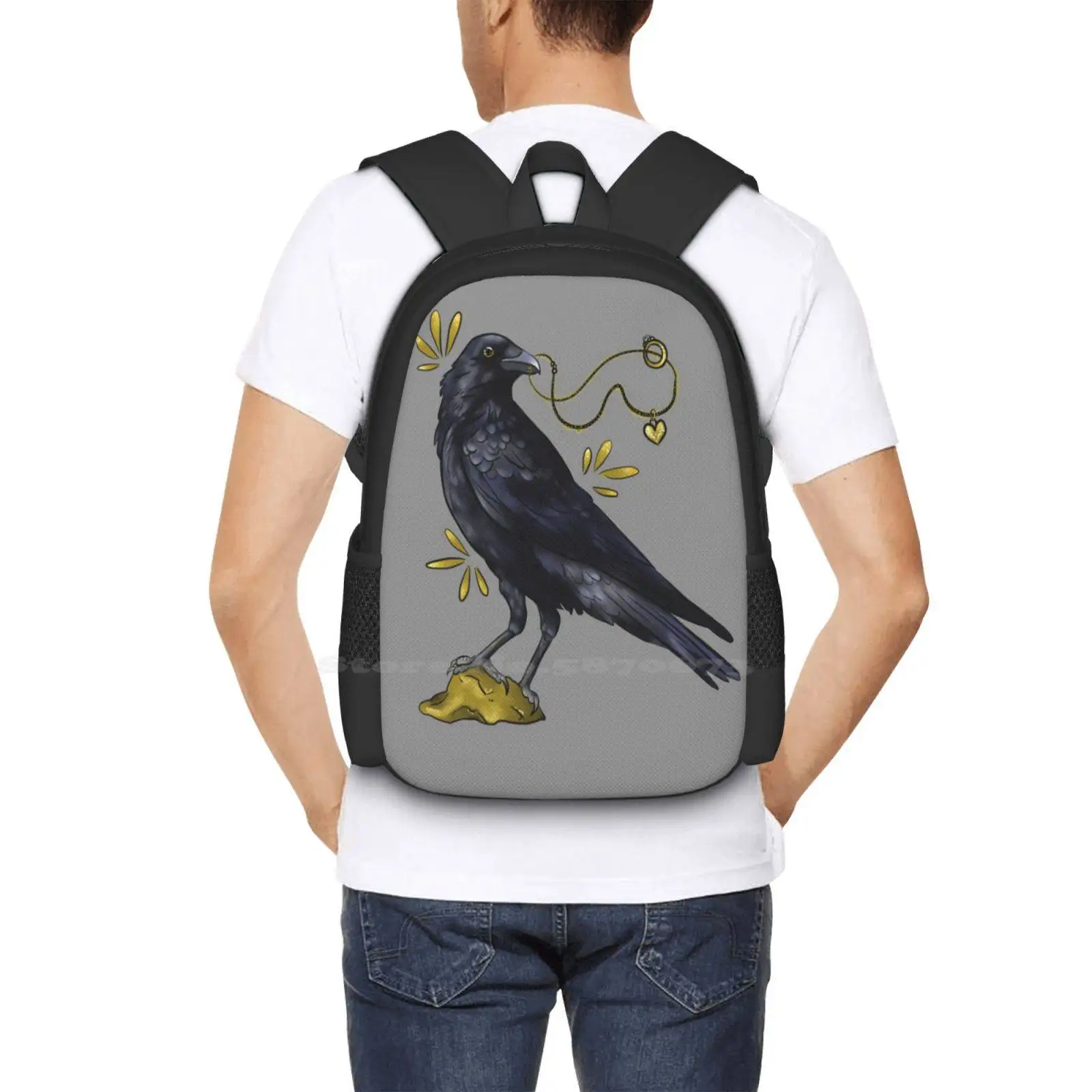 Crow With Golden Eye Large Capacity School Backpack Laptop Bags Crow Jewelry Golden Jewels Locket Nature Bird Wieskunde Dutch