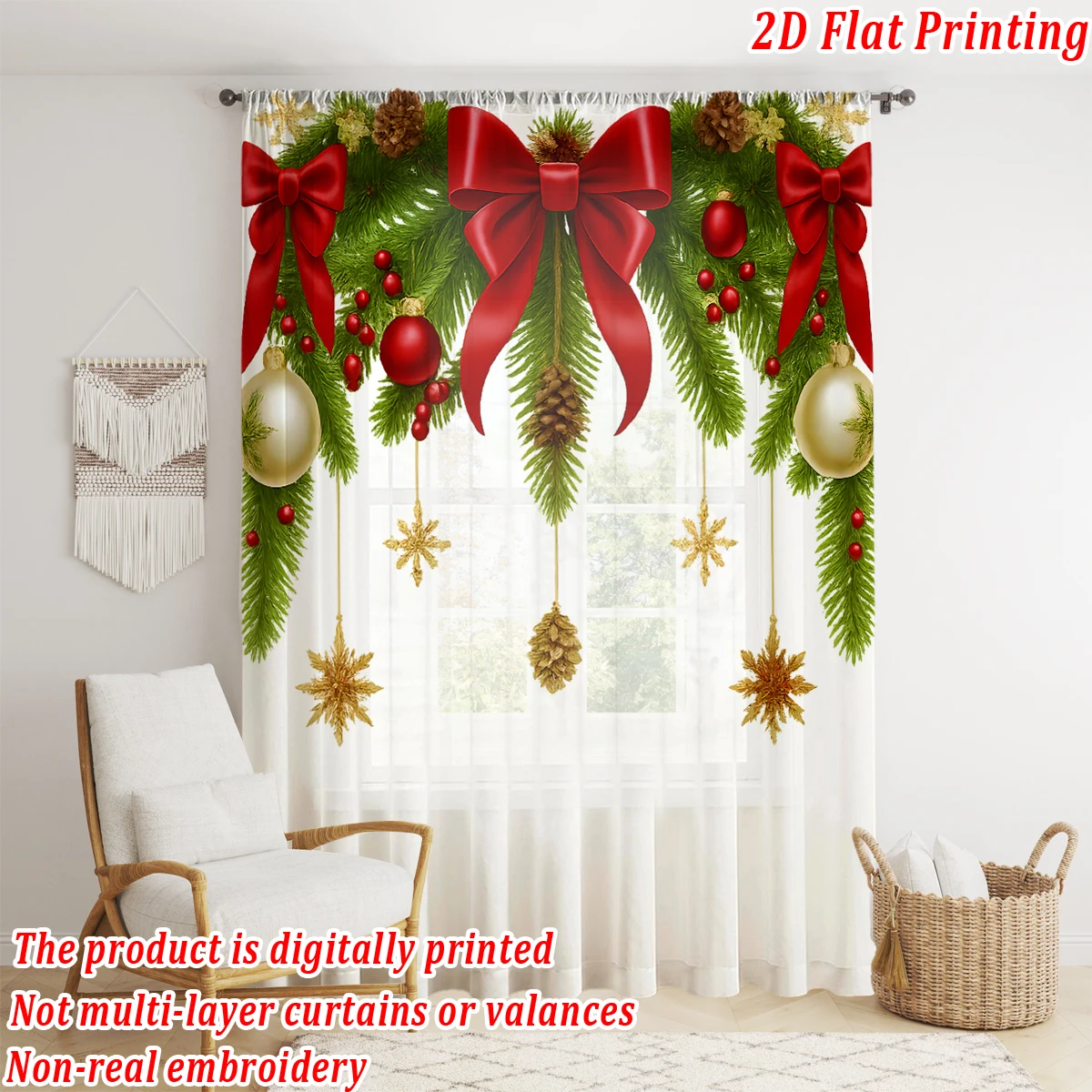 ستارة شفافة مطبوعة مسطحة لعيد الميلاد مع كرة عيد الميلاد وقوس ندفة الثلج وفرع الصنوبر وديكور غرفة المعيشة وحفلات العطلات