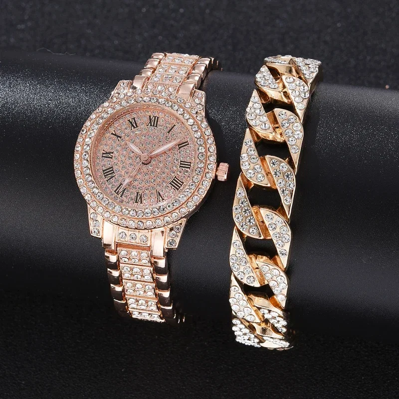 1/2pcs Luxury Women Diamond Watches Hip Hop Bracelet Ladies Quartz Watch Rose Gold Womens Wristwatch Shiny Crystal Reloj Mujer