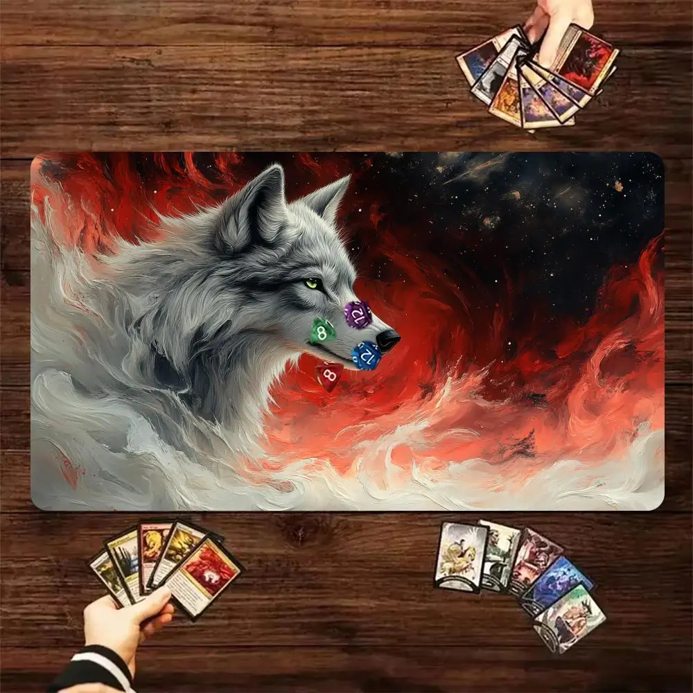 Majestic White Wolf Red Cosmic Swirl Sky TCG Play mat With Game Zones Large Anti‑Slip Desk mat For Card Game Mouse pad