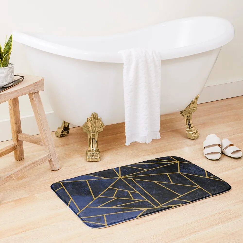 

Modern Geometric Pattern (Blue and Gold) Bath Mat Bathroom Interior Absorbent Rug Kitchens Mat