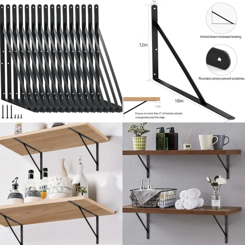 

Сверхмощные металлические кронштейны для полок — 16 шт. L18 x H12, черные, прочная опора для систем стеллажей