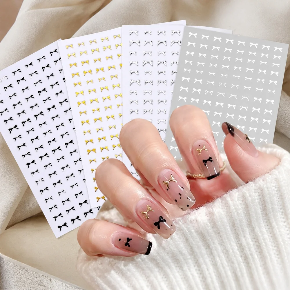4Pcs Coquette Style Tiny Bow Nail Stickers Set Self‑Adhesive Mini Ribbon Bow Decals For Elegant Female Daily Manicure Decor