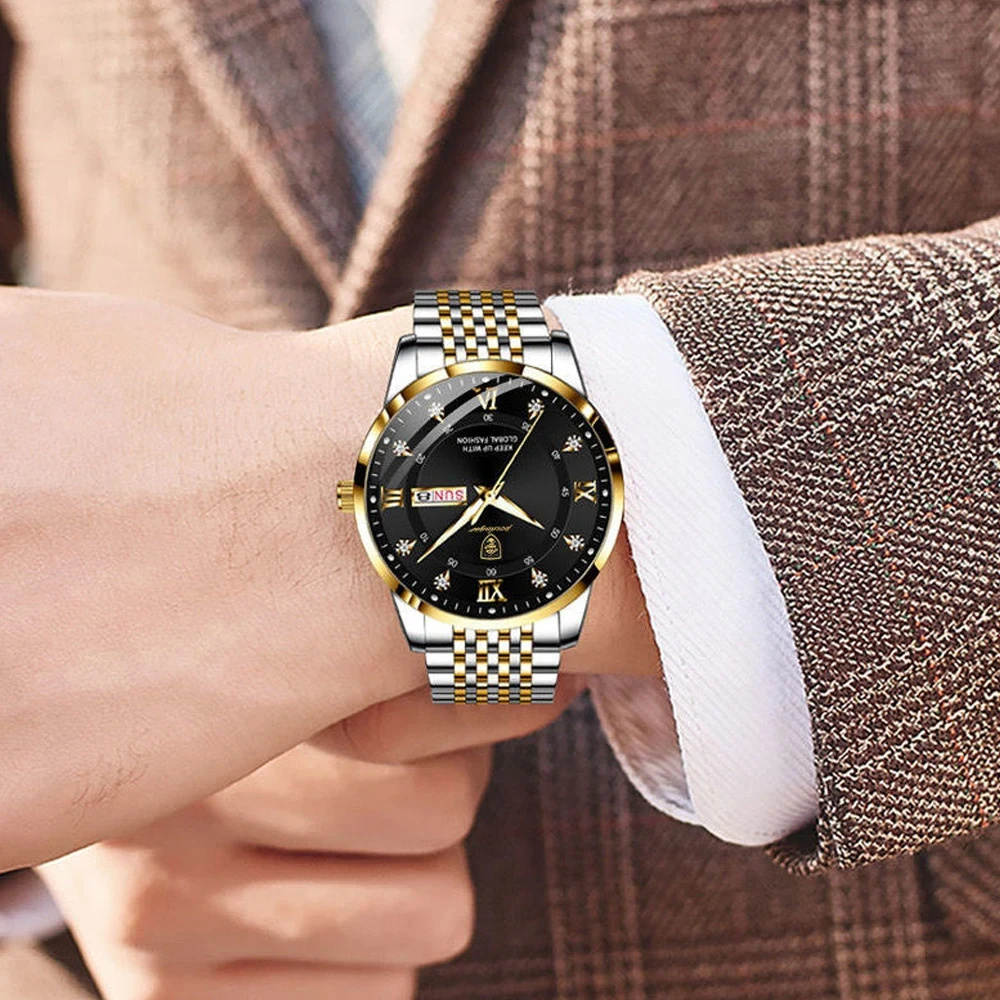 POEDAGAR Top Brand Men Watch Stainless Steel Week Date Waterproof Luminous Watches for Men Luxury Business Quartz Man Wristwatch