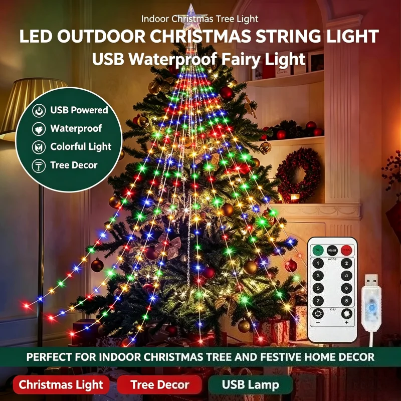 LED Outdoor Christmas String Light USB Waterproof Fairy Light Lighting Mode Suitable for Garden Christmas Tree Party Decoration