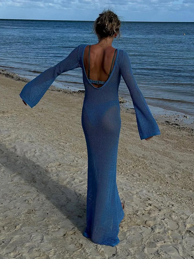 Knitted Hollow out See-through Backless Dress Sexy Seaside Vacation Sun Protection Dress Women