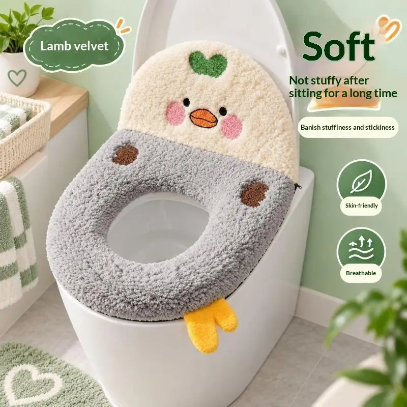 Stretchy Thickened Lamb Fleece Toilet Seat Cover Cartoon Backrest Full Zip Wrap Warm for Winter Home Bathroom Use