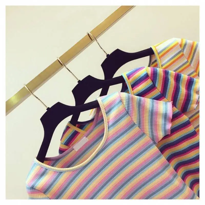 

Rainbow Striped Women's T-irt Summer Season ort Sve Cotton round Ne Top with Lace Detail Faionable Ladies' Tee