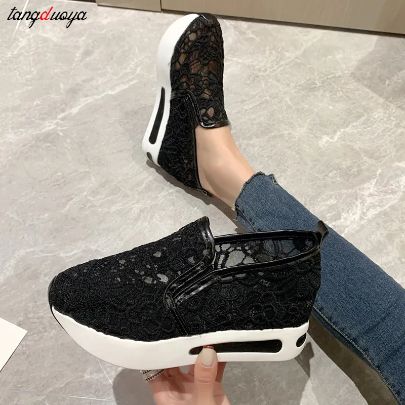 Lace Women Shoes 2024 Spring Summer Wedges Shoes for Women Black White Breathable Lace Flower Sneakers Women Loafers White