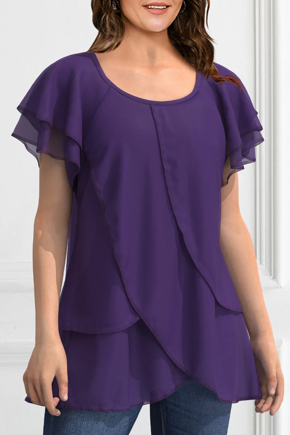 Women Plus Size Blouse Chiffon Short Sleeve Round Neck Elegant Irregular Hem Office Lady Summer Chiffon Blouse Tops image 2