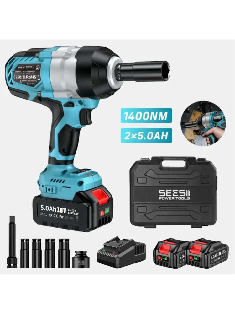 Seesii Echter 1400 Nm Akku-Schlagschrauber, 1750 U/min, Hochdrehmoment-Schlagschrauber 1/2 Zoll, 2 x 5000 mAh 21V für Autoreparaturen