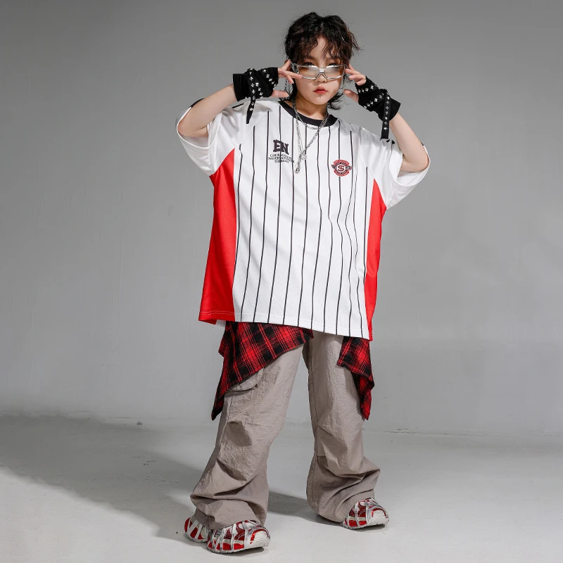 Hip Hop Ragazzi Sciolto StripeTshirt Streetwear Jeans da ballo Pantaloni Ragazze Cool Street Outfit Bambino Jazz Set di vestiti Bambini K-pop Costume
