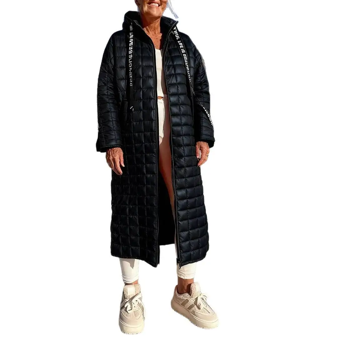 New 2025 Hooded Zipper Plaid Cotton Jacket Long Outerwear Independent Station Cross-border Lettering Polyester Fiber Women's ...