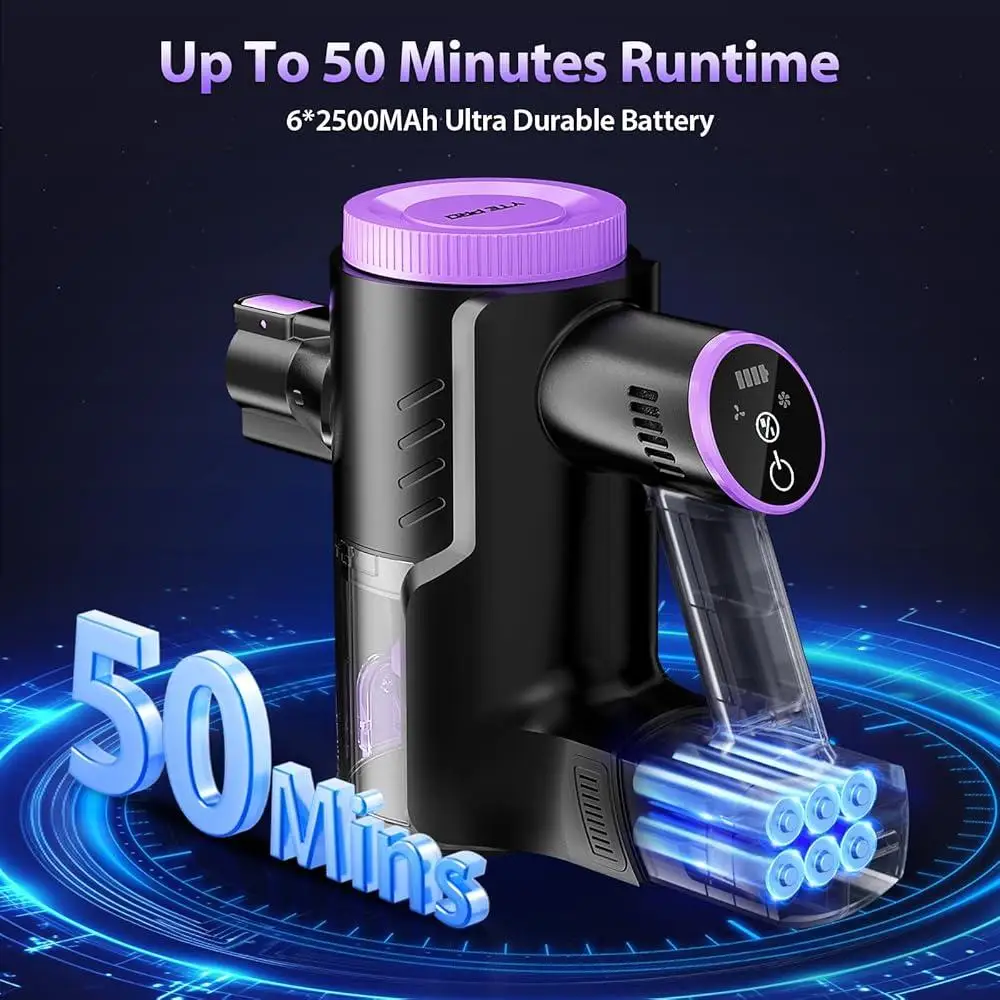 مكنسة كهربائية لاسلكية 50 دقيقة وقت التشغيل عصا قابلة للشحن فراغ فلتر HEPA 7 مراحل ترشيح أدوات تنظيف محمولة
