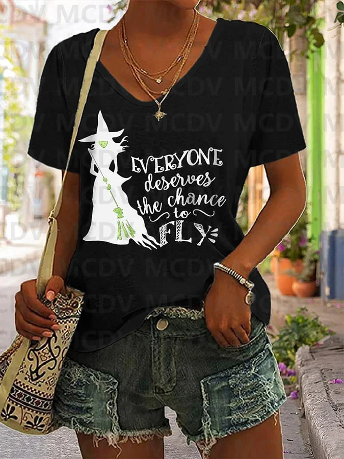 Women's Halloween Witch Shadow Print Casual V-Neck Tee Summer Women's T Shirts Sexy Tops