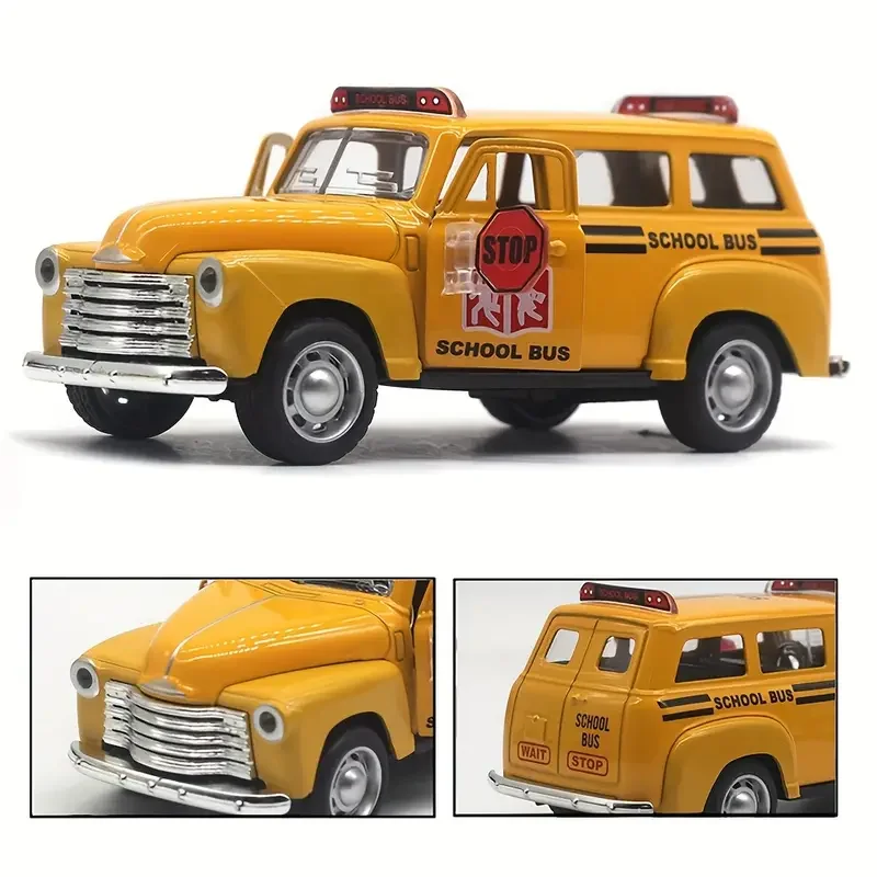 1: 32 Mini Alloy Chevrolets School Bus Classical Vintage Car Sound and Light Pull Back Model Car Simulation Collection Gifts Toy