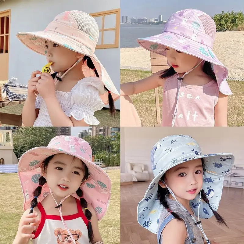 Summer Baby Sun Hat Bucket Cap with Whistle for Girls Boys Outdoor Neck Ear Cover Anti UV Kids Ventilate Collapsible Beach Caps